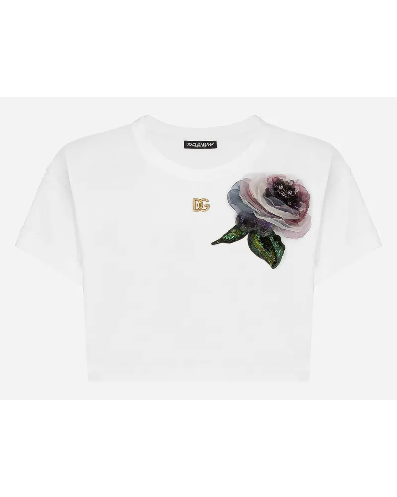 Dolce & Gabbana Kurzes T-Shirt aus Jersey mit Blumenapplikation Weiss