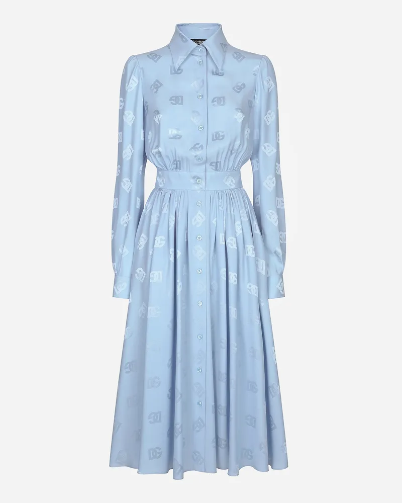 Dolce & Gabbana Hemdblusenkleid Aus Seidensatin-jacquard Dg-logo - Frau Kleider Azurblau Azurblau