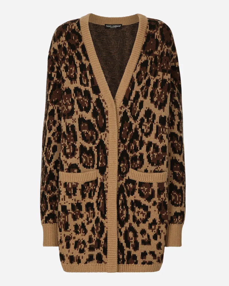 Dolce & Gabbana Langer Cardigan Aus Kaschmir- Und Wolljacquard Leomuster - Frau Strickwaren Mehrfarbig Kaschmir Mehrfarbig