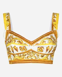 Dolce & Gabbana Kurzes Bustier-Top aus Baumwollpopeline Majolika-Print Drucken