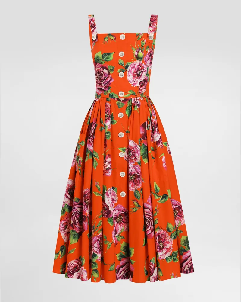 Dolce & Gabbana Trägerkleid Aus Baumwolle Rosenprint - Frau Kleider Drucken Drucken