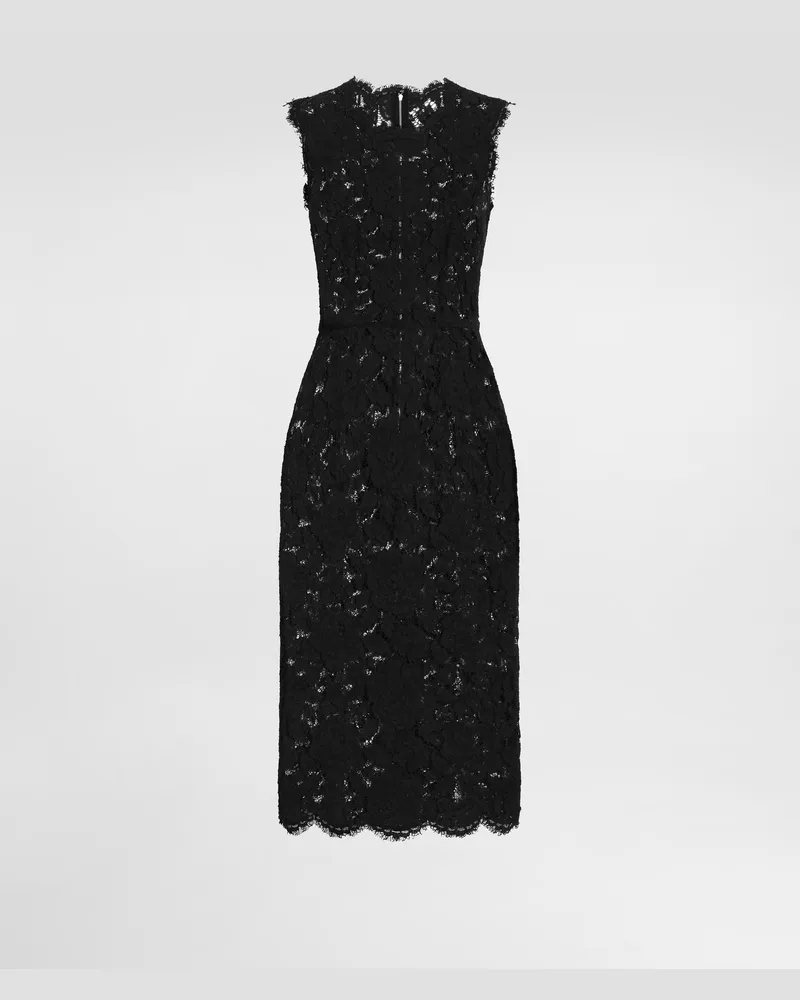 Dolce & Gabbana Longuette-kleid Aus Elastischer Spitze Mit Logo - Frau Kleider Schwarz Schwarz