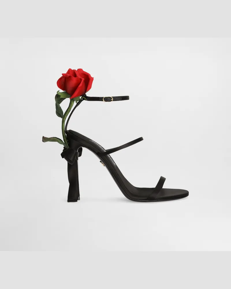 Dolce & Gabbana Sandalette Aus Satin Mit Rosenstickerei - Frau Sandalen Und Wedges Schwarz Viskose Schwarz