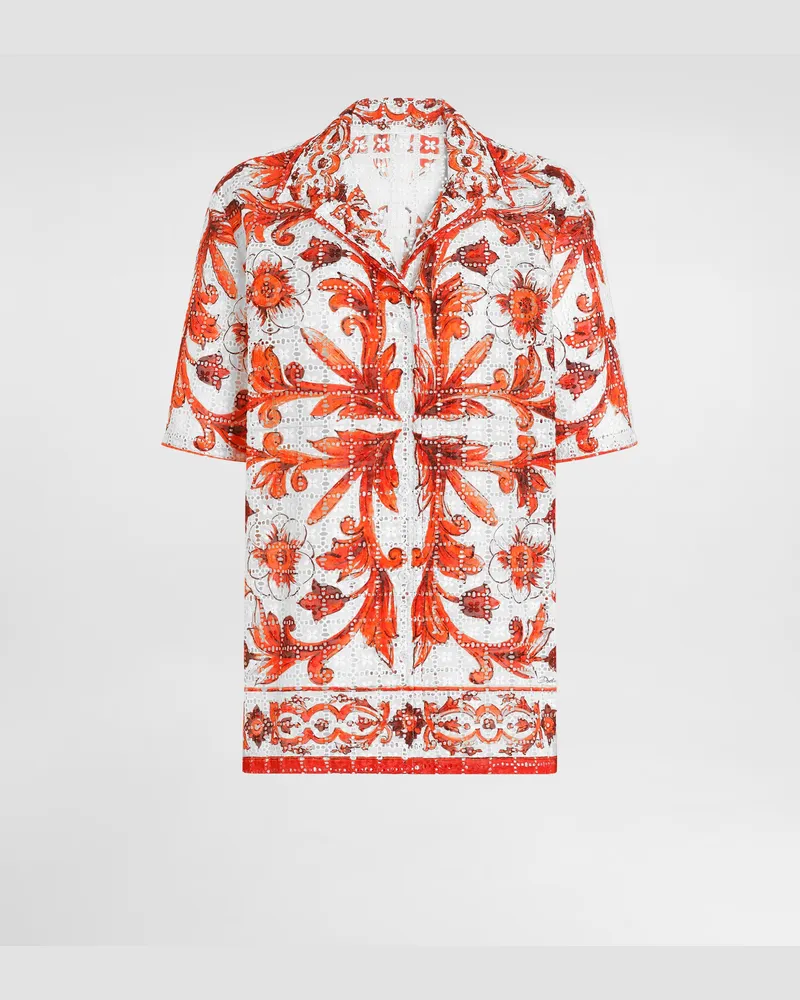 Dolce & Gabbana Hemd Aus Broderie-anglaise-spitze Mit Majolika-print - Frau Blusen Und Tops Mehrfarbig Multicolor