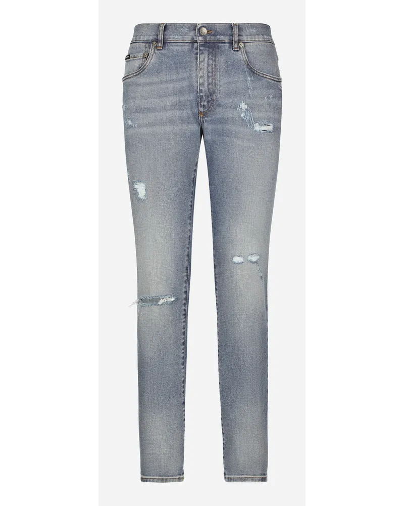 Dolce & Gabbana Jeans Slim aus blauem Stretchdenim mit Abriebstellen Blau