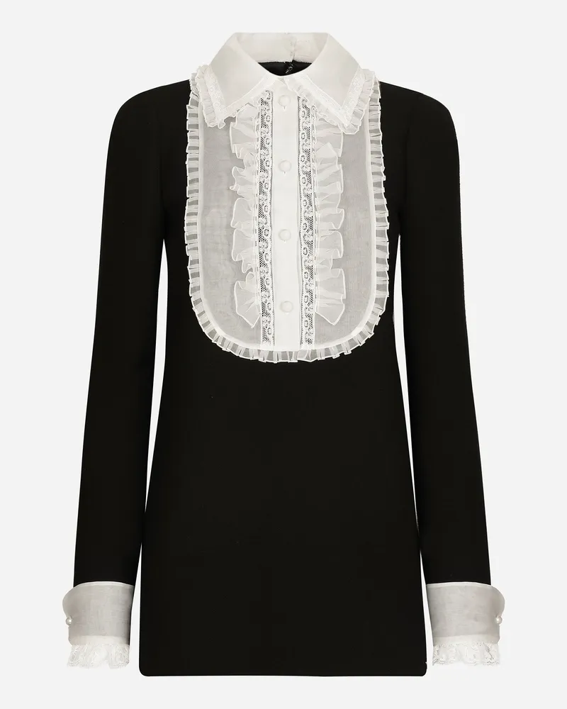 Dolce & Gabbana Kurzes Kleid Aus Wollkrepp Mit Plastron Aus Organza - Frau Kleider Schwarz Wolle Black
