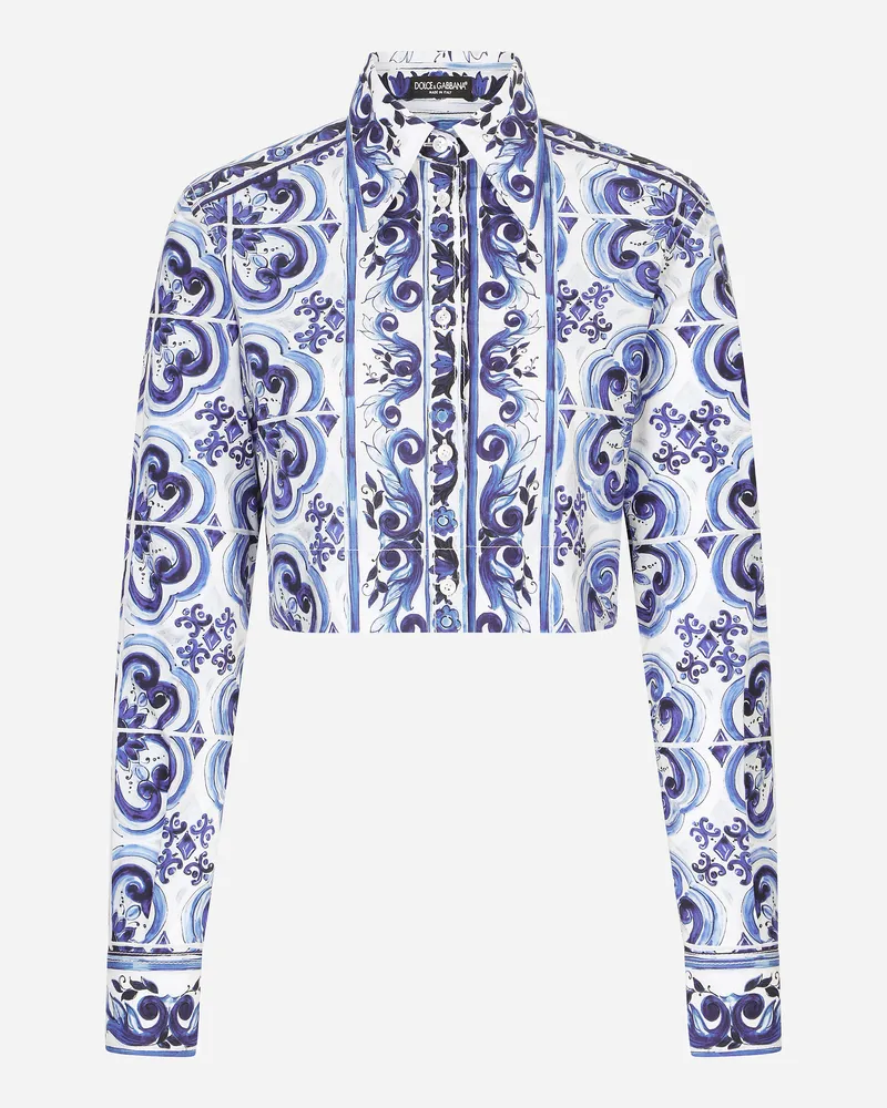 Dolce & Gabbana Kurze Bluse Aus Popeline Majolika-print - Frau Blusen Und Tops Blau Baumwolle Mehrfarbig