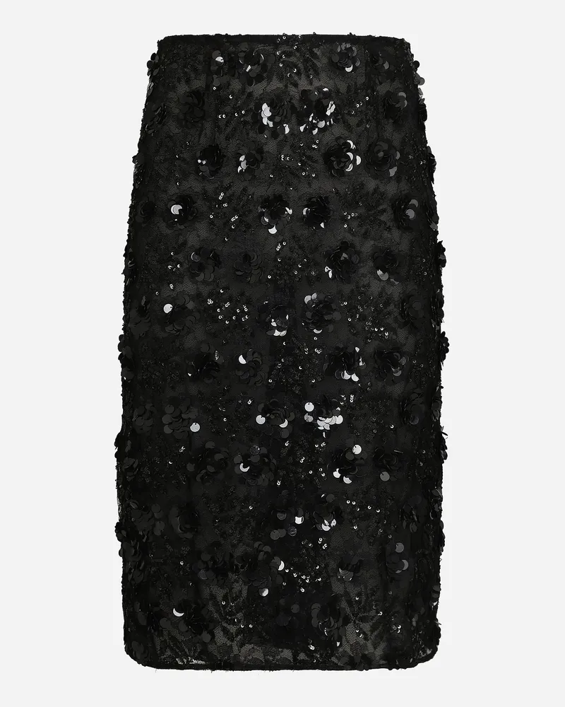 Dolce & Gabbana Longuette-rock Aus Spitze Mit Allover-paillettenstickerei - Frau Röcke Schwarz Schwarz