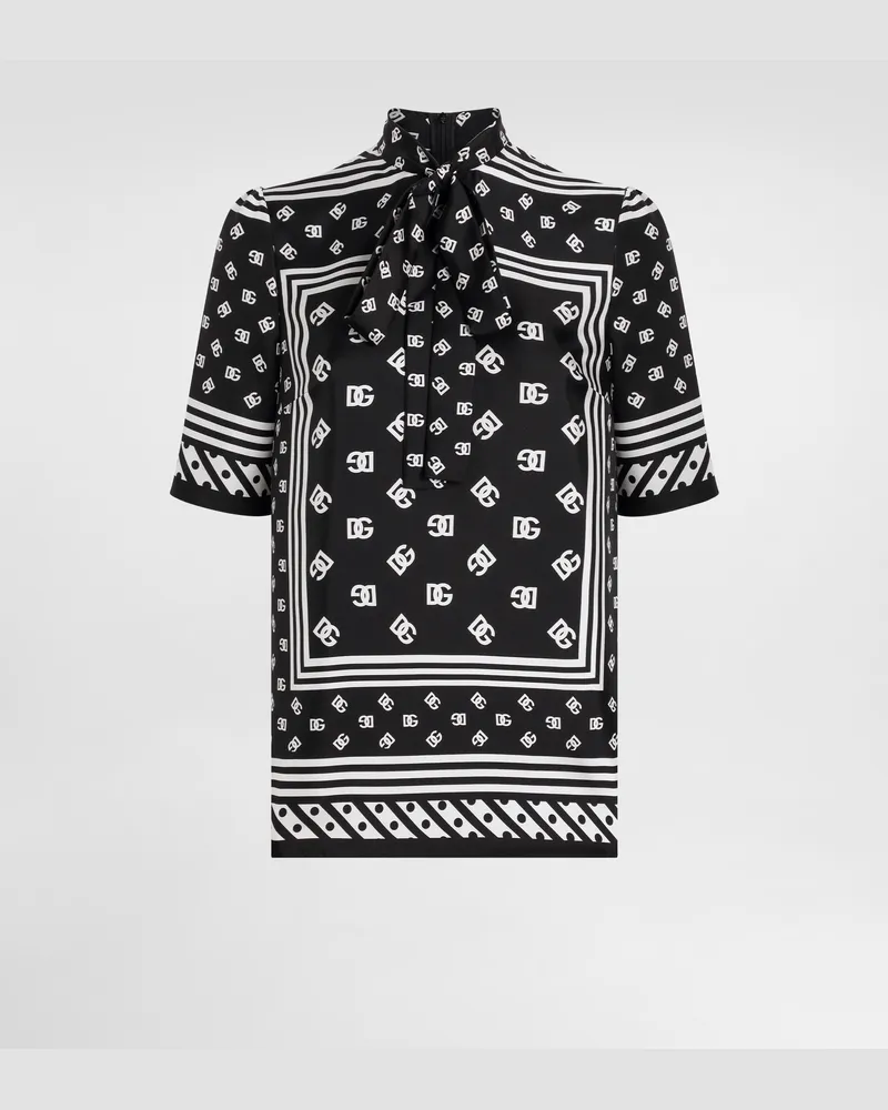Dolce & Gabbana Kurzarmbluse Aus Seide Mit Schleife Im Foularddruck Mit Dg-logo Allover - Frau Blusen Und Tops Schwarz Schwarz