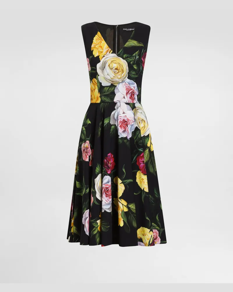 Dolce & Gabbana Longuette-kleid Mit Tellerrock Aus Cady Pfingstrosen- Und Rosenprint - Frau Kleider Drucken Drucken