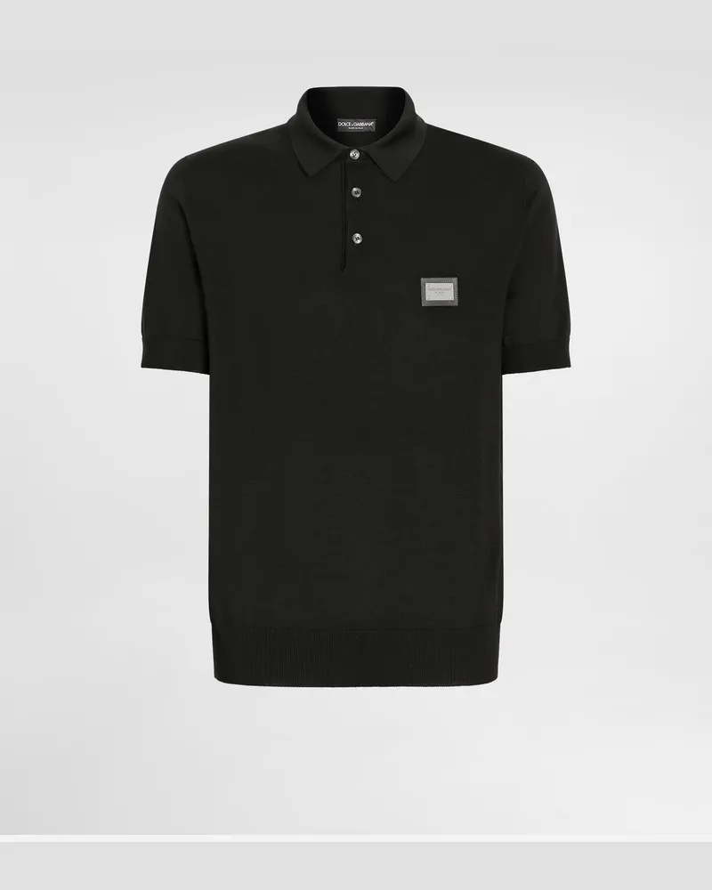 Dolce & Gabbana Poloshirt Aus Wolle Mit Logoplakette - Mann Strickwaren Schwarz Wolle Schwarz