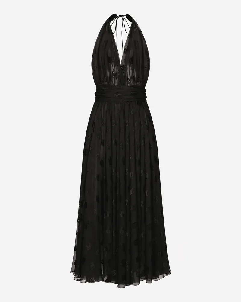 Dolce & Gabbana Longuette-kleid Aus Ausbrenner-satin Mit Dg-logo Allover - Frau Kleider Schwarz Schwarz