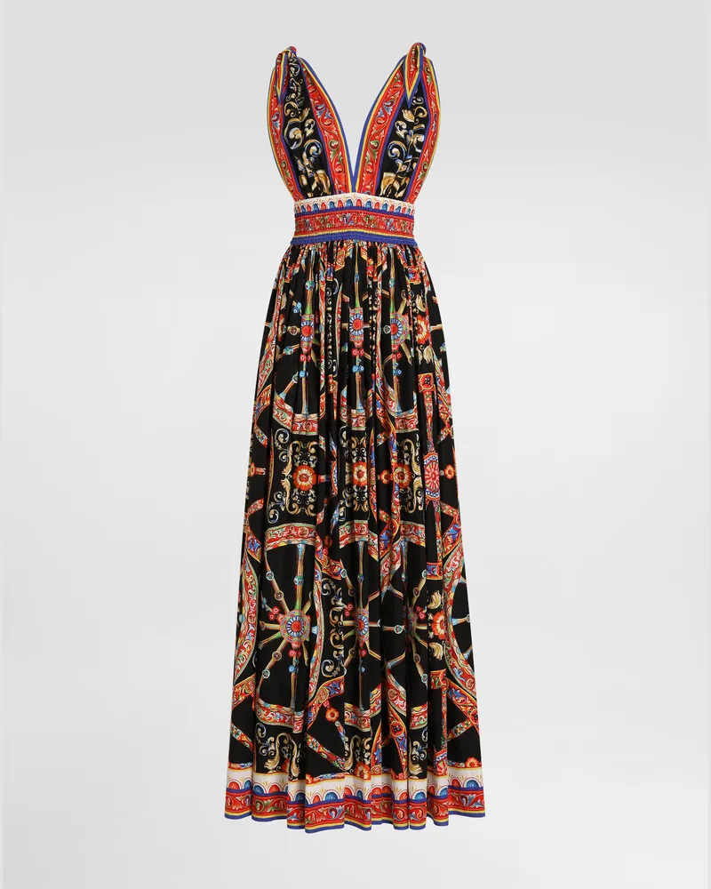 Dolce & Gabbana Langes Kleid Aus Popeline Mit Carretto-print - Frau Kleider Mehrfarbig Mehrfarbig
