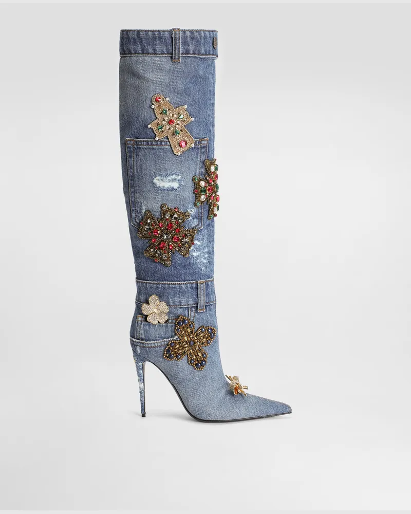 Dolce & Gabbana Denimstiefel Mit Stickereien Und Steinen - Frau Stiefel Und Siefeletten Mehrfarbig Mehrfarbig
