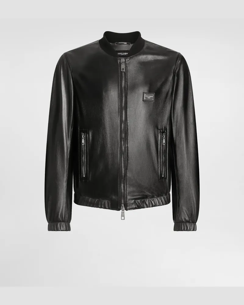 Dolce & Gabbana Lederjacke Mit Logoplakette - Mann Mäntel Und Jacken Schwarz Leder Schwarz