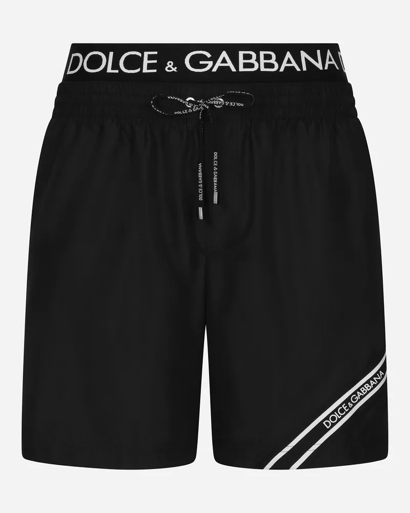 Dolce & Gabbana Mid-length Swim Trunks With Branded Band - Mann Beachwear Schwarz Stoff Schwarz