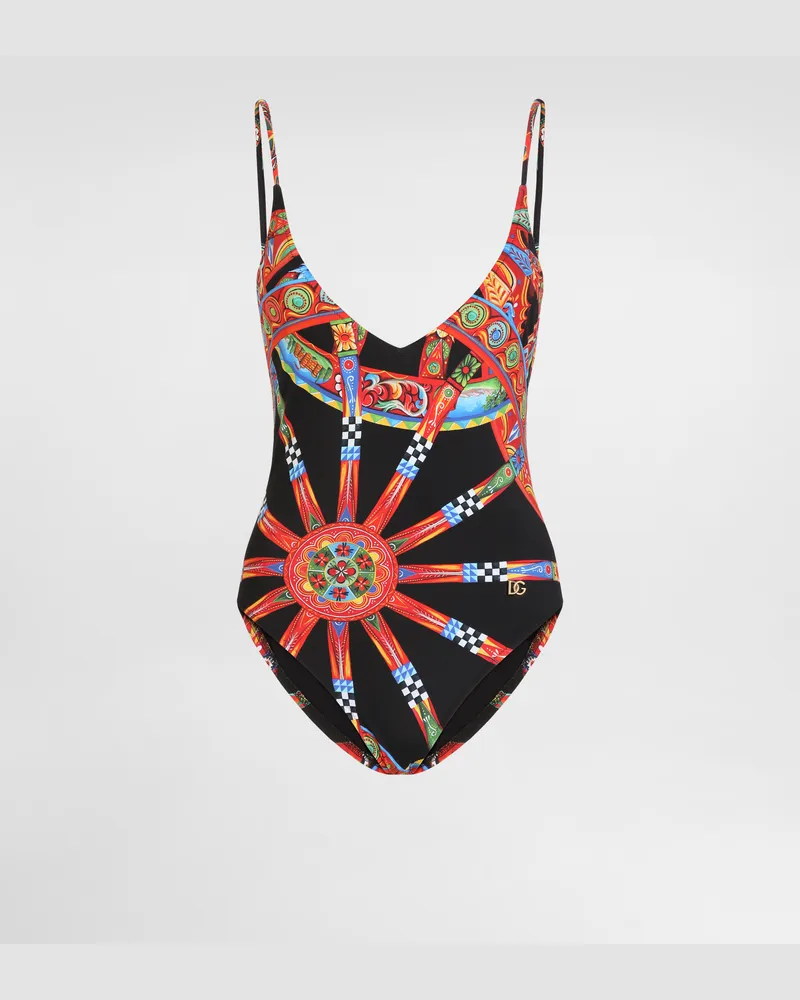 Dolce & Gabbana Einteiliger Badeanzug Mit Logo In Carretto-print - Frau Bademode Multicolor Multicolor