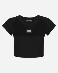 Dolce & Gabbana Cropped-T-Shirt aus Jersey mit Dolce&Gabbana-Plakette Schwarz