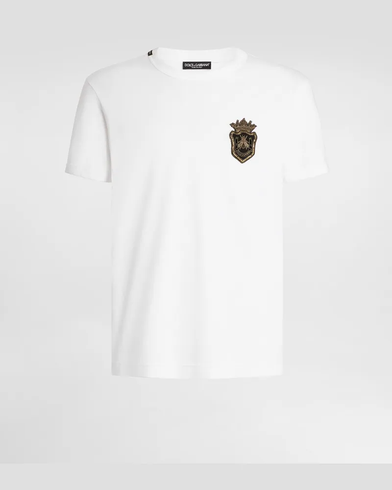 Dolce & Gabbana Baumwoll-t-shirt Mit Wappenpatch - Mann T-shirts Und Polos Wei Weiss
