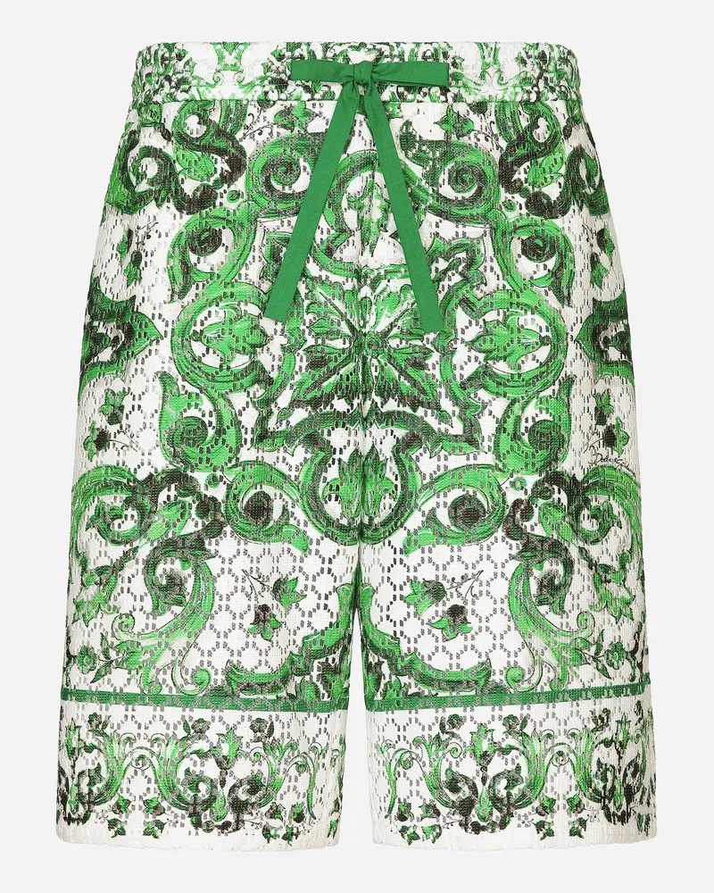 Dolce & Gabbana Jogging-bermudas Aus Häkelspitze Majolika-print - Mann Hosen Und Shorts Drucken Drucken
