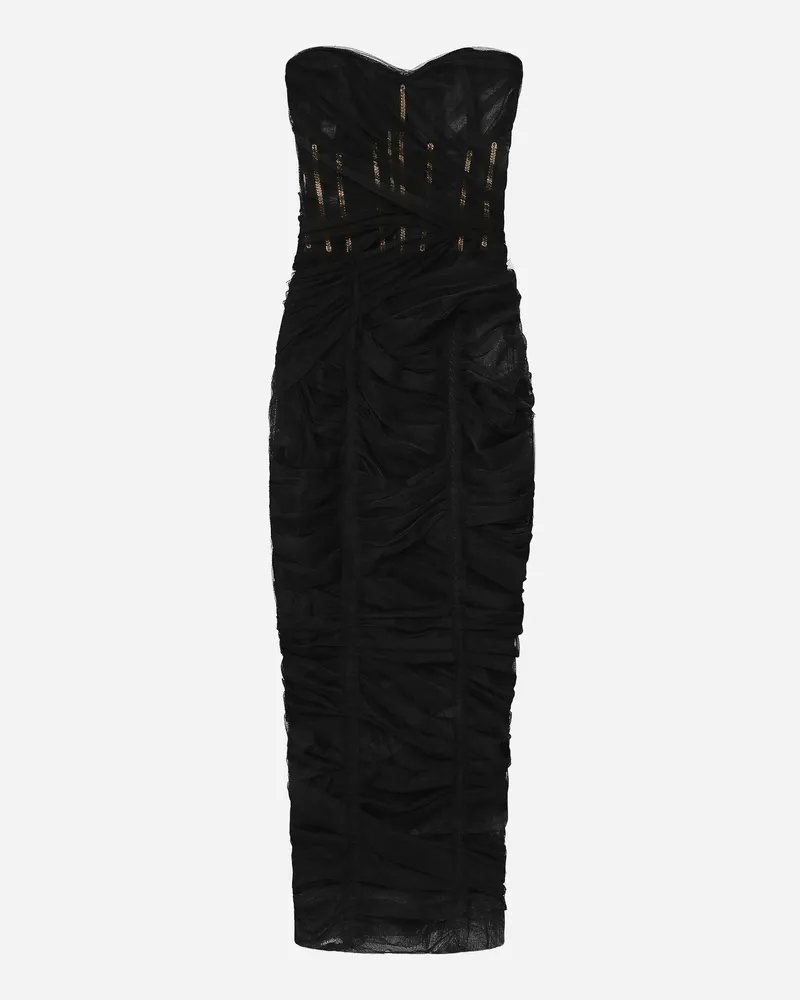 Dolce & Gabbana Longuette-bustierkleid Aus Drapiertem Tüll - Frau Kleider Schwarz T�ll Schwarz