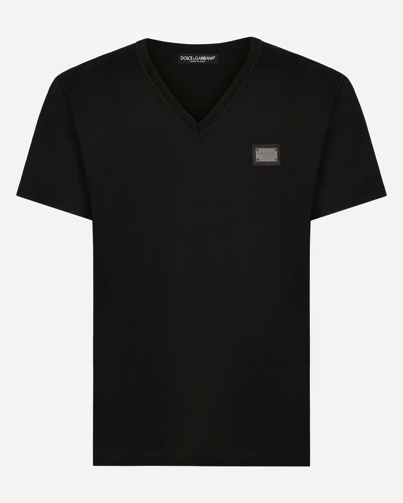 Dolce & Gabbana Baumwoll-t-shirt V-ausschnitt Mit Logoplakette - Mann T-shirts Und Polos Schwarz Baumwolle Schwarz