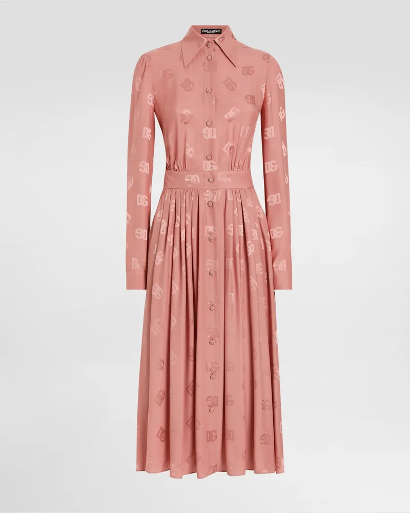 Dolce & Gabbana Hemdblusenkleid Aus Seidensatin-jacquard Dg-logo - Frau Kleider Rosa Rosa