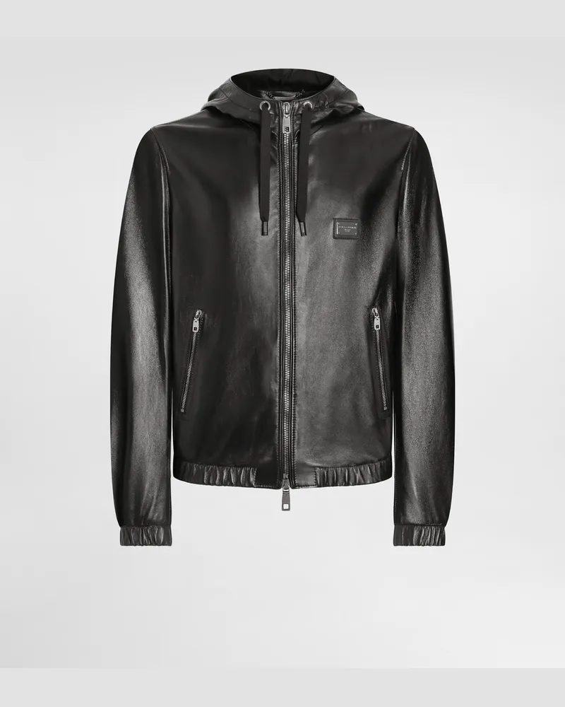 Dolce & Gabbana Lederjacke Mit Kapuze Und Logoplakette - Mann Mäntel Und Jacken Schwarz Leder Schwarz
