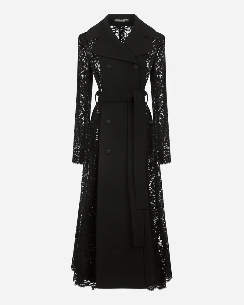 Dolce & Gabbana Zweireihiger Mantel Aus Crêpe Und Spitze Mit Gürtel - Frau Mäntel Und Jacken Schwarz Schwarz