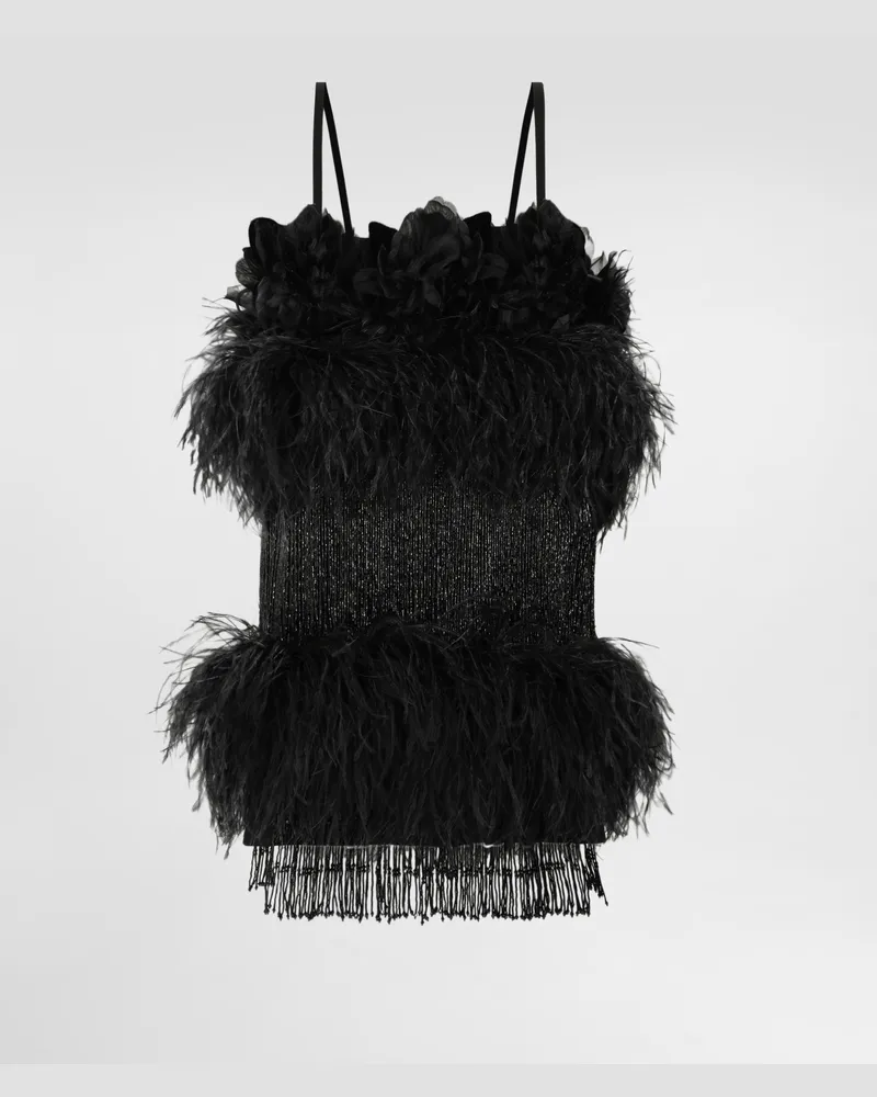Dolce & Gabbana Satin Dress With Feathers - Frau Kleider Schwarz Black