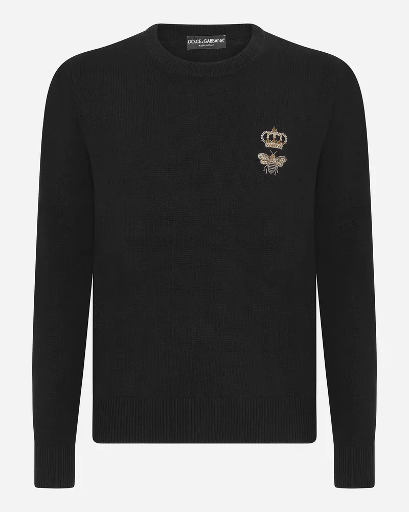 Dolce & Gabbana Rundhalspullover Wolle Mit Stickerei - Mann Strickwaren Schwarz Schwarz