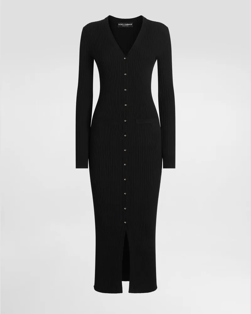 Dolce & Gabbana Langer Gerippter Wollcardigan - Frau Strickwaren Schwarz Schwarz