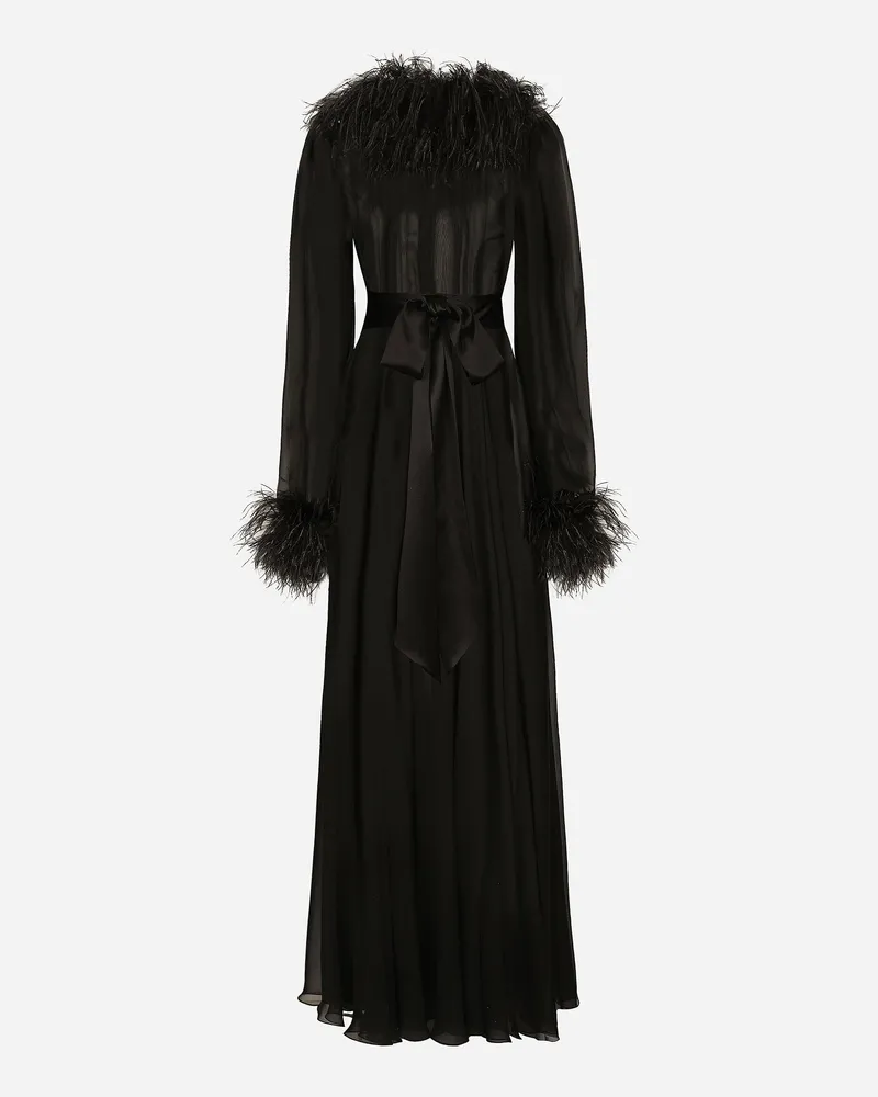 Dolce & Gabbana Langes Kleid Aus Seidenchiffon Mit Details Aus Straußenfedern - Frau Kleider Schwarz Seide Schwarz
