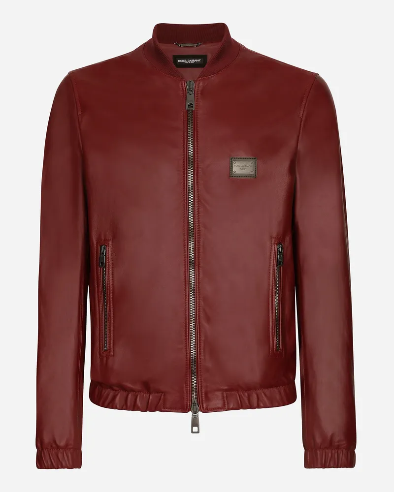 Dolce & Gabbana Lederjacke Mit Logoplakette - Mann Mäntel Und Jacken Bordeaux Leder Burgunderrot