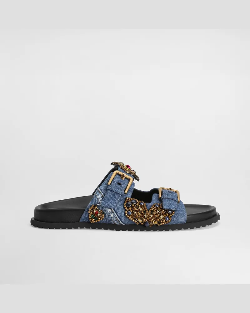 Dolce & Gabbana Flache Pantolette Aus Denim Mit Stickereien - Frau Pantoletten Und Mules Mehrfarbig Mehrfarbig