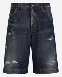 Dolce & Gabbana Jeans-Bermudas aus blauem Denim mit Abriebstellen Blau