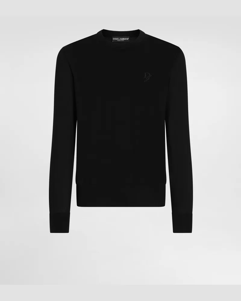 Dolce & Gabbana Rundhalspullover Aus Seide Dg-stickerei - Mann Strickwaren Schwarz Schwarz