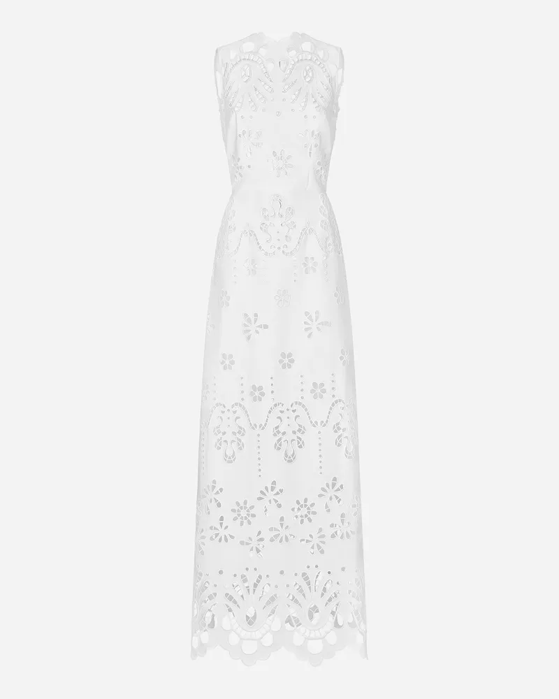 Dolce & Gabbana Langes Kleid aus Baumwolle mit Cut-out-Stickerei Weiss