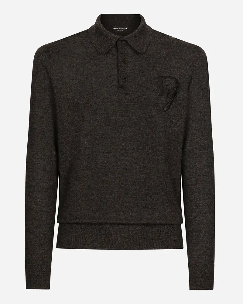 Dolce & Gabbana Langarm-poloshirt Aus Kaschmir Mit Logostickerei - Mann Strickwaren Grau Grau