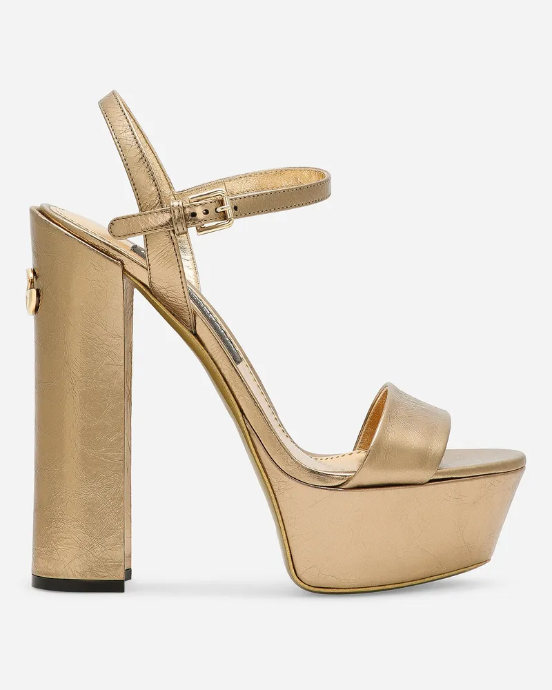 Dolce & Gabbana Plateau-sandalette Aus Craquelé-kalbsleder In Metallic-optik - Frau Sandalen Und Wedges Gold Leder Gold