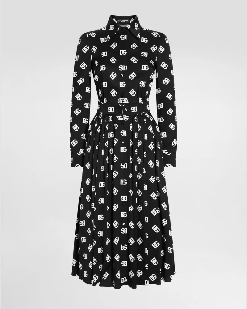 Dolce & Gabbana Longuette-kleid Aus Charmeuse Dg-print Allover - Frau Kleider Schwarz Mehrfarbig