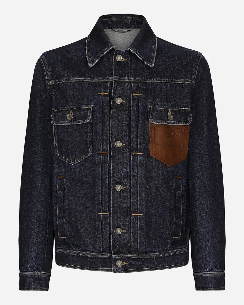 Dolce & Gabbana Jacke aus Denim mit geprägter Plakette auf Leder Mehrfarbig