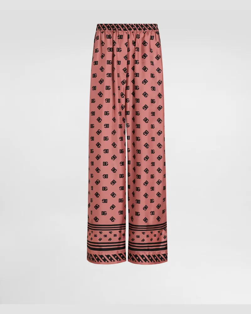 Dolce & Gabbana Jacquard-pyjamahose Aus Seidensatin Dg-logo Allover - Frau Hosen Und Shorts Rosa Rosa