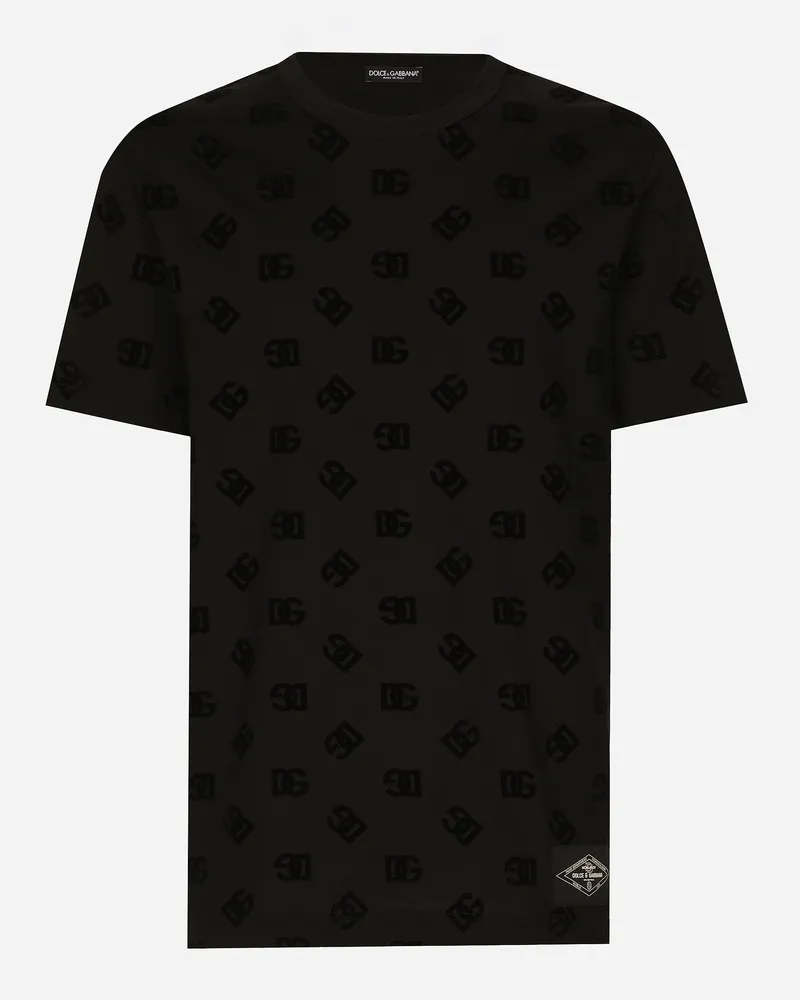 Dolce & Gabbana Baumwoll-t-shirt Mit Dg-flockprint Allover - Mann T-shirts Und Polos Schwarz Schwarz