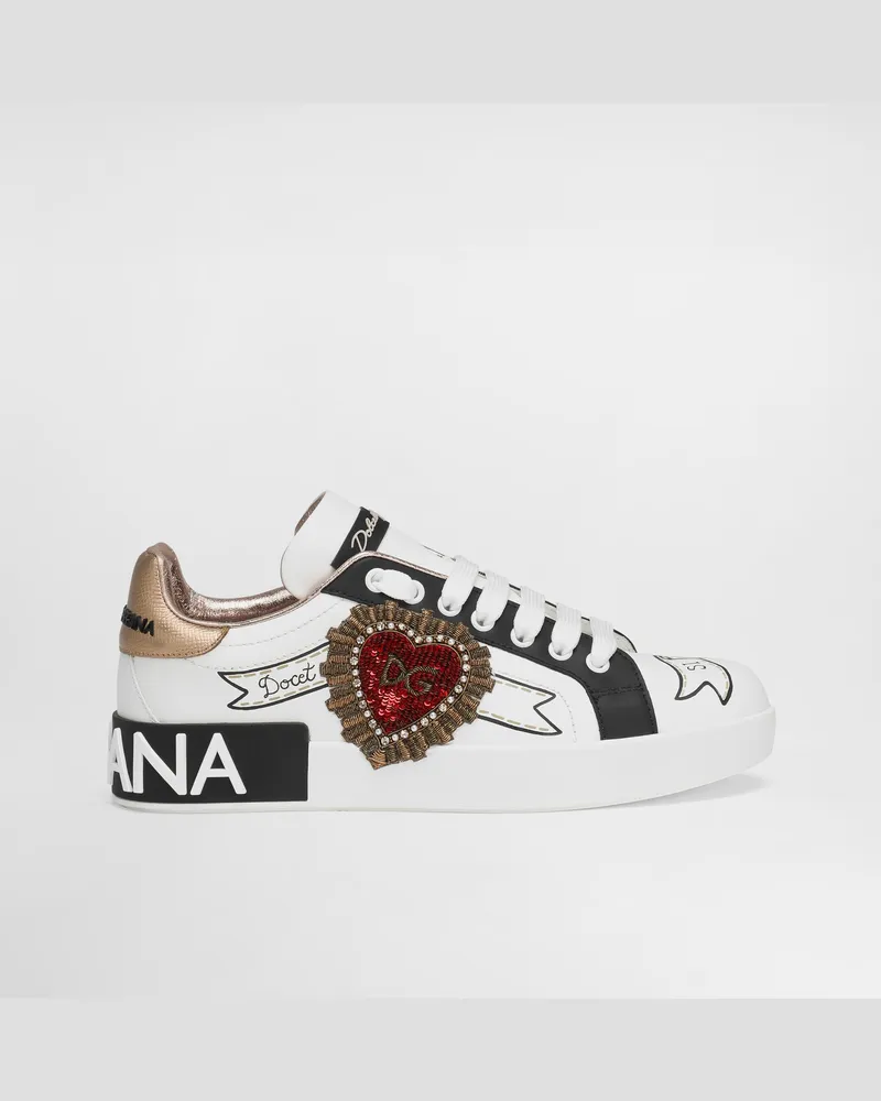 Dolce & Gabbana Sneaker Portofino Aus Bedrucktem Kalbsnappaleder Mit Stickerei - Frau Sneakers Wei� Leder Weiß