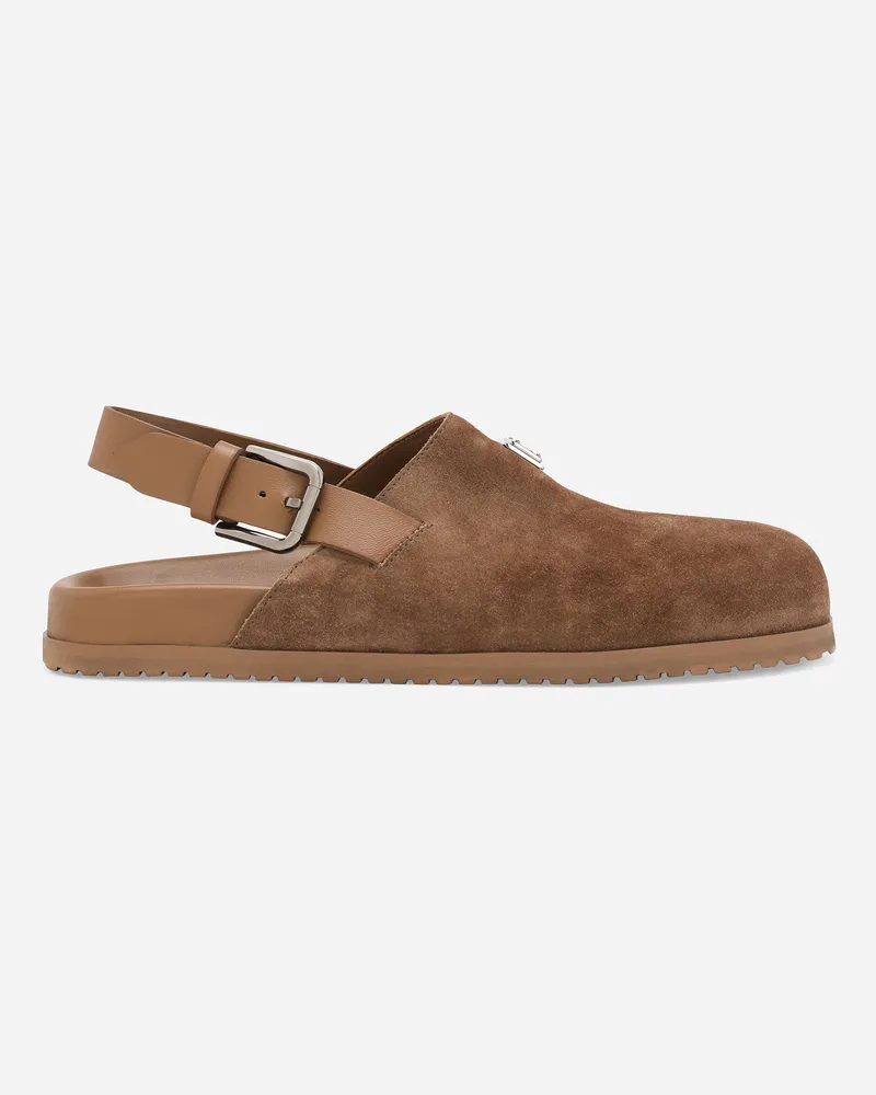 Dolce & Gabbana Sabot Aus Veloursleder Mit Logoplakette - Mann Sandalen Und Slides Braun Braun