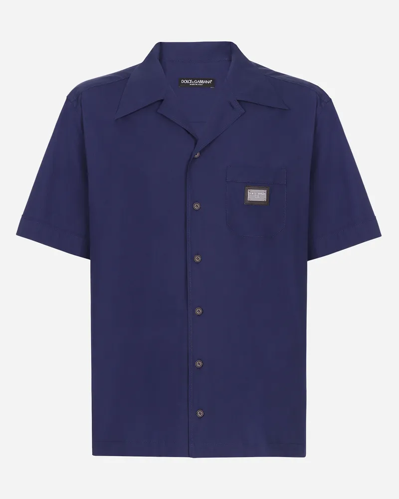 Dolce & Gabbana Hawaiihemd Aus Baumwolle Mit Logoplakette - Mann Hemden Blau Baumwolle Blau
