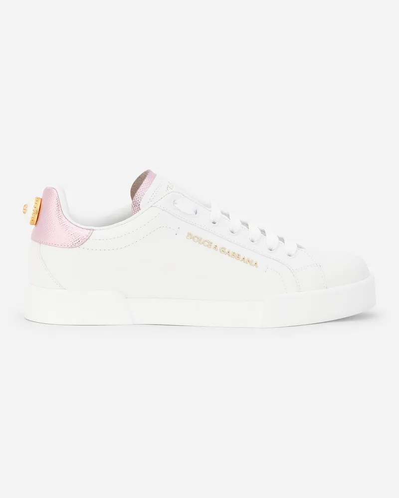 Dolce & Gabbana Sneaker Portofino Aus Kalbsnappaleder Mit Schriftzug - Frau Sneakers Rosa Leder Weiss