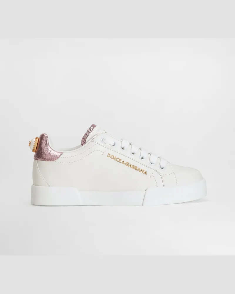 Dolce & Gabbana Sneaker Portofino Aus Kalbsnappaleder Mit Schriftzug - Frau Sneakers Rosa Leder Weiss