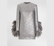 Mini-shiftkleid Aus Lamé-matelassé-jacquard Mit Federn An Den Ärmelenden - Frau Kleider Silber